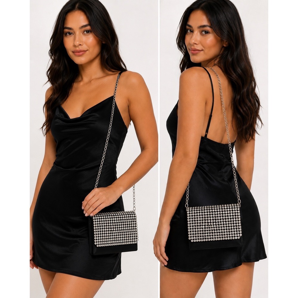 Black Rhinestone Evening Crossbody Bag‎ Silver Chain Strap Shoulder Handbag
